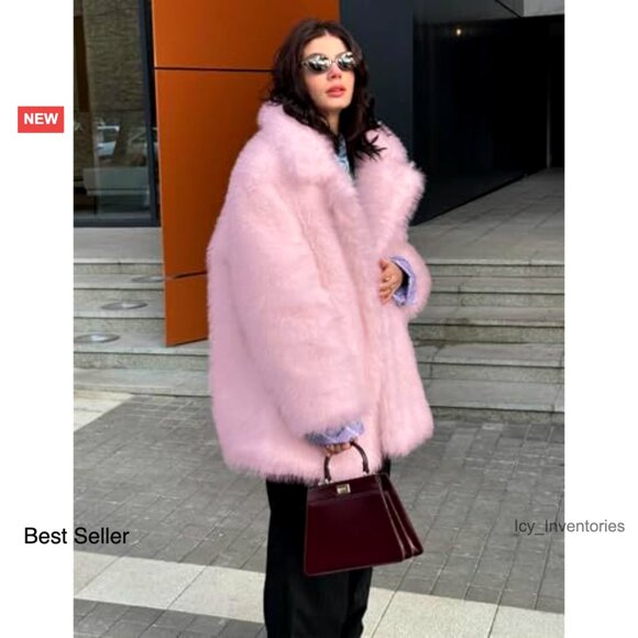 Faux Fur Coat Fluffy Lapel Shaggy Long Sleeve Winter Outerwear Elegant Chic - Picture 2 of 7